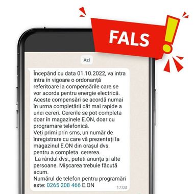 E.ON Energie România atrage atenţia asupra unor mesaje false transmise în numele companiei

