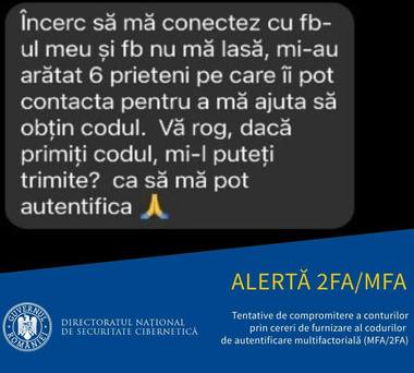 Directoratul de Securitate Cibernetică transmite o nouă atertă: Tentative de compromitere a conturilor prin cereri de furnizare a codurilor de autentificare multifactorială (MFA/2FA)
