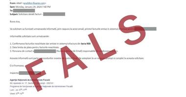 Nouă campanie de mesaje false trimise în numele ANAF / Destinatarilor li se cere să transmită date cu privire la presupuse facturi emise