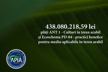 APIA: Peste 438 milioane lei ajung în conturile altor 55.141 de beneficiari ai Ajutoarelor Naţionale Tranzitorii, sector vegetal şi înverzire PD- 04 înverzirea, Campania 2023
