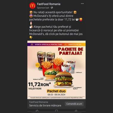 Directoratul Naţional de Securitate Cibernetică: Tentativă de fraudă prin folosirea imaginii McDonald's România / Oferta transmisă de atacatori promovează produse la preţ redus şi solicită completarea datelor cardului bancar - FOTO

