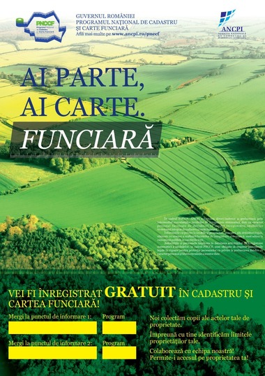 Agenţia Naţională de Cadastru şi Publicitate Imobiliară derulează lucrări de cadastru gratuite, pe o suprafaţă de 6,3 milioane hectare, în 2.352 de unităţi administrativ-teritoriale