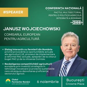 Comisarul european pentru agricultură, Janusz Wojciechowski, vine miercuri la Bucureşti: Va fi o ocazie de a le mulţumi fermierilor din România pentru contribuţia lor vitală la securitatea alimentară, atât în Europa, cât şi în afara acesteia
