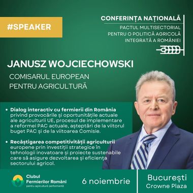 Comisarul european pentru agricultură, Janusz Wojciechowski, vine miercuri la Bucureşti: Va fi o ocazie de a le mulţumi fermierilor din România pentru contribuţia lor vitală la securitatea alimentară, atât în Europa, cât şi în afara acesteia
