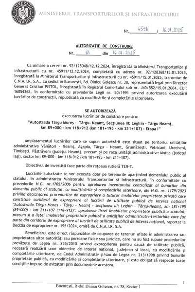 Secretar de stat: A fost emisă autorizaţia de construire pentru lucrările aferente secţiunii 3 Leghin-Târgu Neamţ, de 30 km, din Autostrada Unirii 