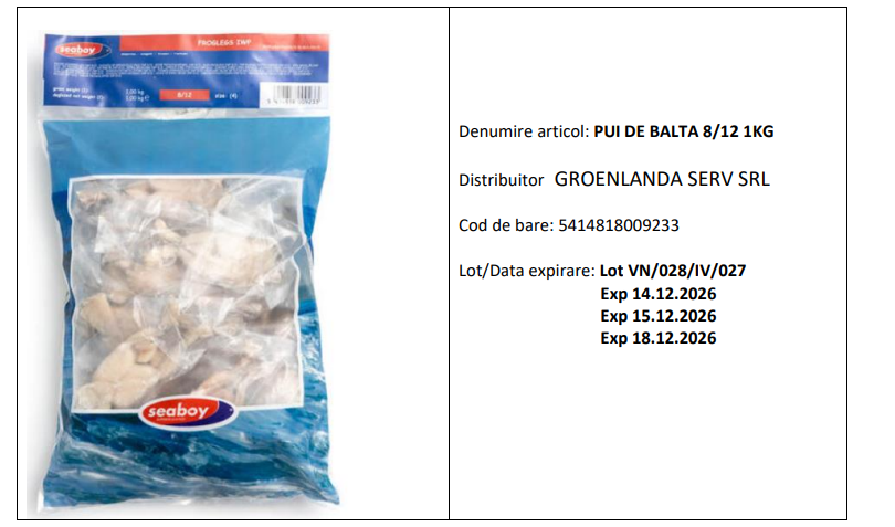 Produsul ”Pui de baltă”, comercializat la pungi de un kilogram, retras de la comercializare din magazinele Metro şi Carrefour, după ce au fost identificate reziduuri de produse medicinale veterinare / Loturile cu probleme şi producătorii vizaţi 