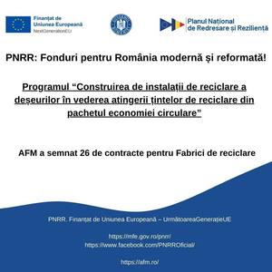 Administraţia Fondului pentru Mediu a semnat 26 de contracte pentru construirea de instalaţii de reciclare a deşeurilor. Valoarea totală a celor 26 de proiecte este de 674,74 milioane de lei