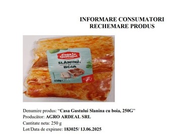 ANSVSA - Slănină cu boia retrasă din magazine Penny, din cauza prezenţei bacteriei Listeria Monocytogenes / Lista magazinelor în care a fost vândut produsul
