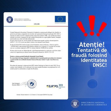 Tentativă de fraudă în numele Directoratului Naţional de Securitate Cibernetică: Un document cu însemnele instituţiei şi o semnătură falsă a directorului face referire la proceduri inexistente privind returnarea unor fonduri în criptoactive