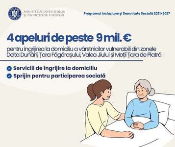 Ministerul Investiţiilor şi Proiectelor Europene lansează patru apeluri de proiecte prin care vor fi finanţate servicii de îngrijire la domiciliu a vârstnicilor vulnerabili din Delta Dunării, Ţara Făgăraşului, Valea Jiului şi Moţii Ţara de Piatră
