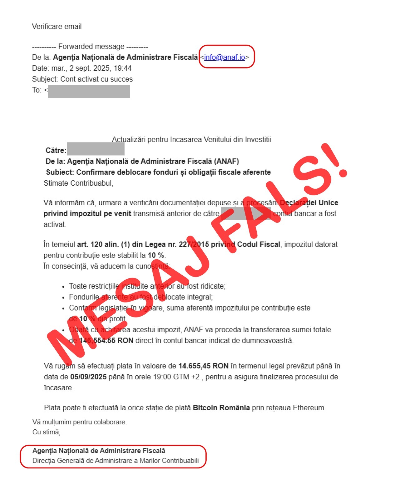 ANAF avertizează cu privire la mesaje false transmise în numele instituţiei: ”NU sunt emise de ANAF şi pot conţine informaţii înşelătoare, solicitări nejustificate sau linkuri periculoase”