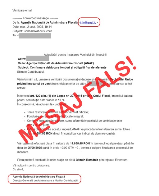 ANAF avertizează cu privire la mesaje false transmise în numele instituţiei: ”NU sunt emise de ANAF şi pot conţine informaţii înşelătoare, solicitări nejustificate sau linkuri periculoase”