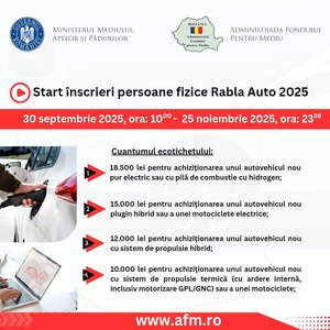 Înscrierile în Programul Rabla Auto 2025 pentru persoane fizice încep în 30 septembrie, anunţă Administraţia Fondului pentru Mediu