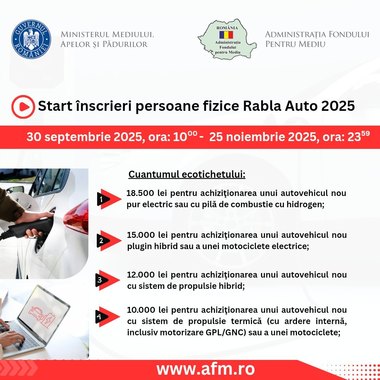 Înscrierile în Programul Rabla Auto 2025 pentru persoane fizice încep în 30 septembrie, anunţă Administraţia Fondului pentru Mediu