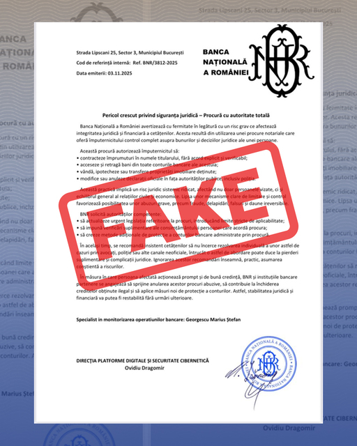 Banca Naţională a României atrage atenţia asupra distribuirii unui document fals atribuit instituţiei 