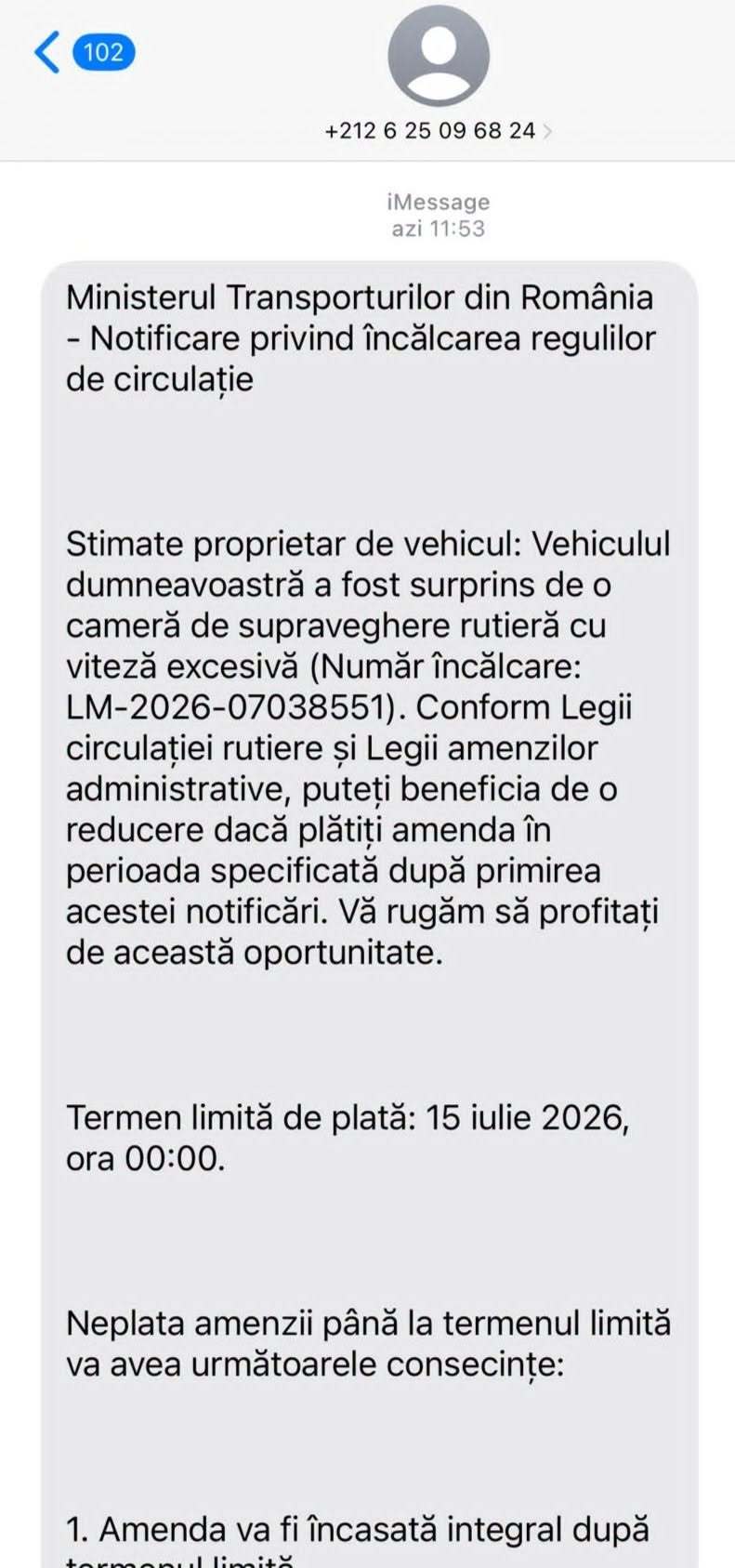 Avertisment cu privire la mesaje SMS care folosesc în mod fraudulos numele Ministerului Transporturilor - Destinatarii sunt anunțați că ar fi circulat cu viteză peste limita legală și sunt îndemnați să acceseze un link pentru plată sau contestație