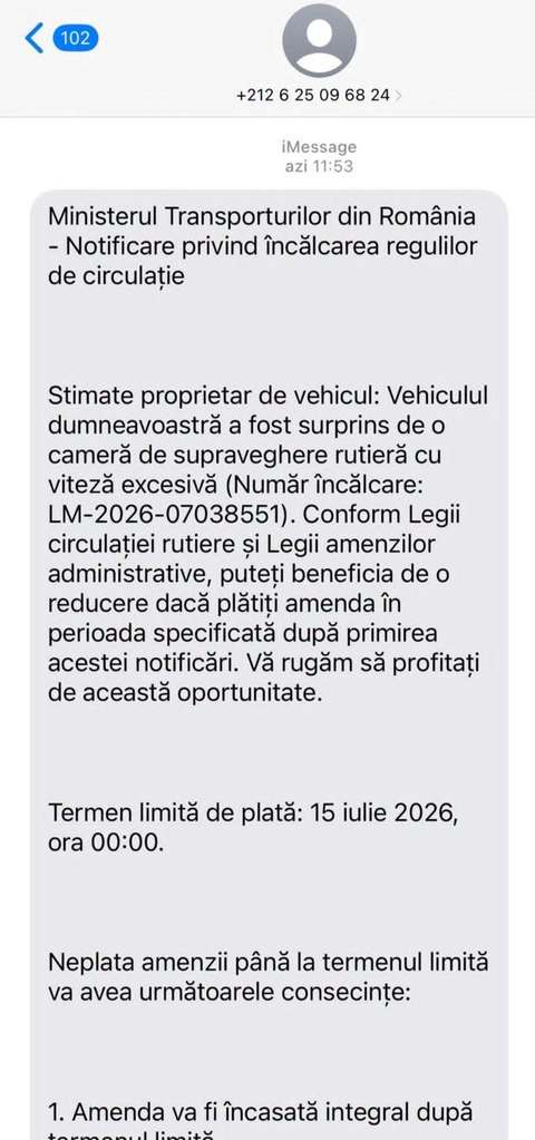 Avertisment cu privire la mesaje SMS care folosesc în mod fraudulos numele Ministerului Transporturilor - Destinatarii sunt anunţaţi că ar fi circulat cu viteză peste limita legală şi sunt îndemnaţi să acceseze un link pentru plată sau contestaţie

