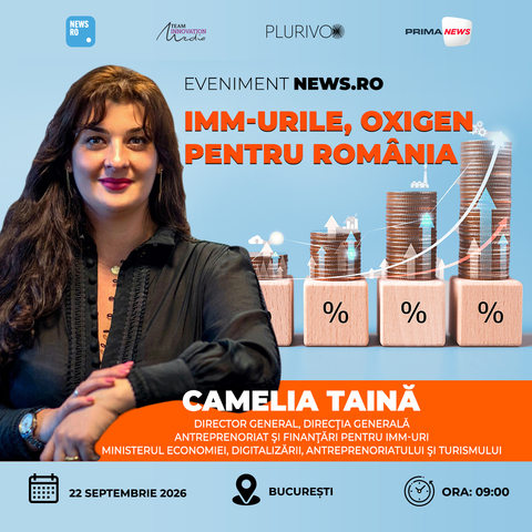 Camelia Tainǎ, Director General al Direcţiei Generale Antreprenoriat şi Finanţări pentru IMM-uri din cadrul Ministerului Economiei, va fi speaker la evenimentul premium News.ro “IMM-urile, oxigen pentru România”