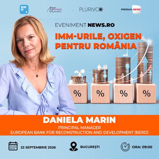 Soluţiile şi instrumentele prin care BERD sprijină dezvoltarea şi internaţionalizarea IMM-urilor româneşti vor fi prezentate la evenimentul News.ro “IMM-urile, oxigen pentru România” - ediţia a V-a