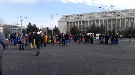 Aproximativ 500 de oameni în Piaţa Victoriei din Capitală. Unii spun că au ieşit în stradă şi în decembrie '89. Apel antivuvuzele şi contra înjurăturilor. Copiii au şi ei pancarte: "Spiderman, help!"