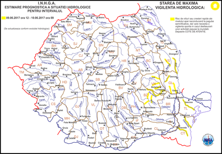 Cod galben de inundaţii în mai multe bazine hidrografice din ţară până sâmbătă, la ora 09.00