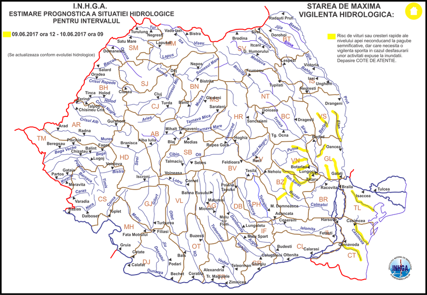 Cod galben de inundaţii în mai multe bazine hidrografice din ţară până sâmbătă, la ora 09.00