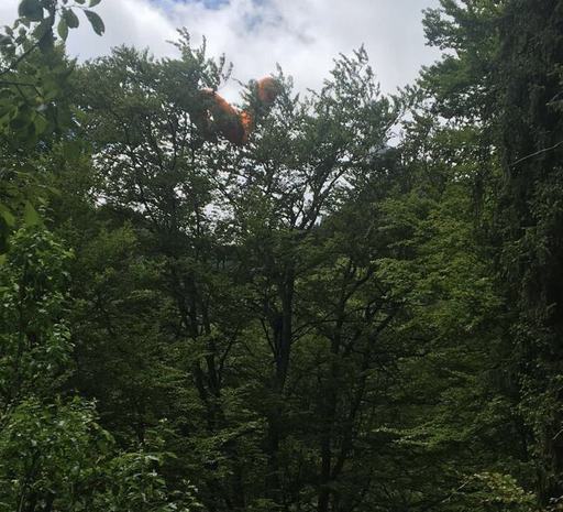 Turist francez, rămas agăţat cu parapanta în copaci, în apropiere de Sinaia. El a fost dat jos de către pompieri