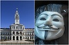Bărbatul cu masca ”Anonymous” s-a întors la Primăria Arad şi a rănit doi poliţişti locali, fiind încătuşat şi audiat