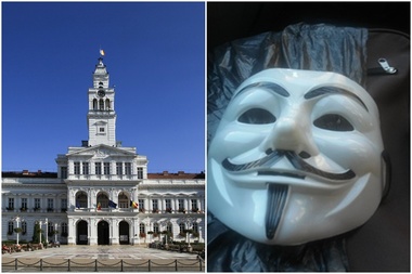 Bărbatul cu masca ”Anonymous” s-a întors la Primăria Arad şi a rănit doi poliţişti locali, fiind încătuşat şi audiat