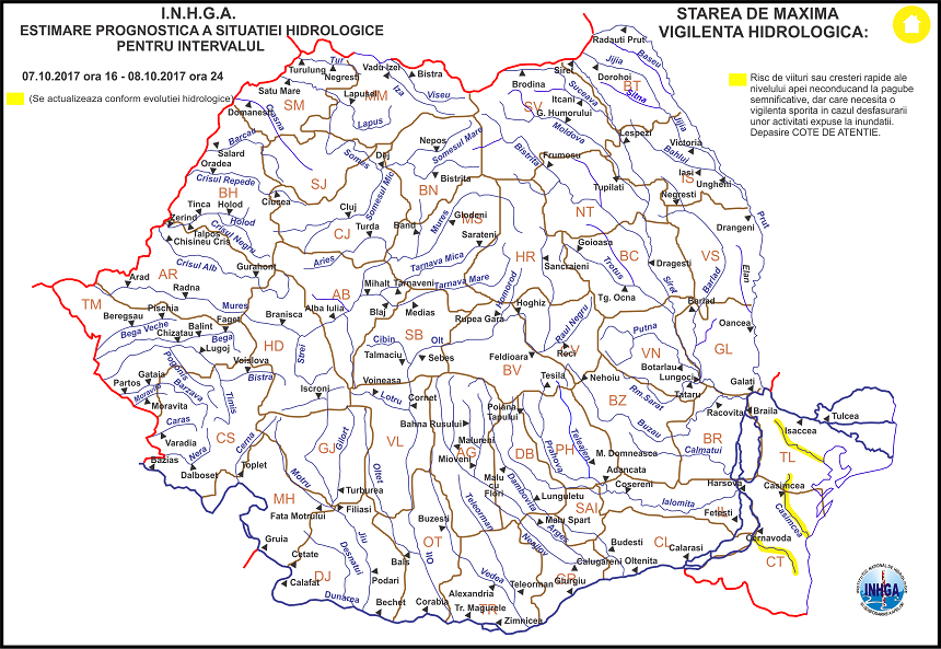 Cod galben de inundaţii pe râurile din Dobrogea, de sâmbătă după-amiază până duminică seară
