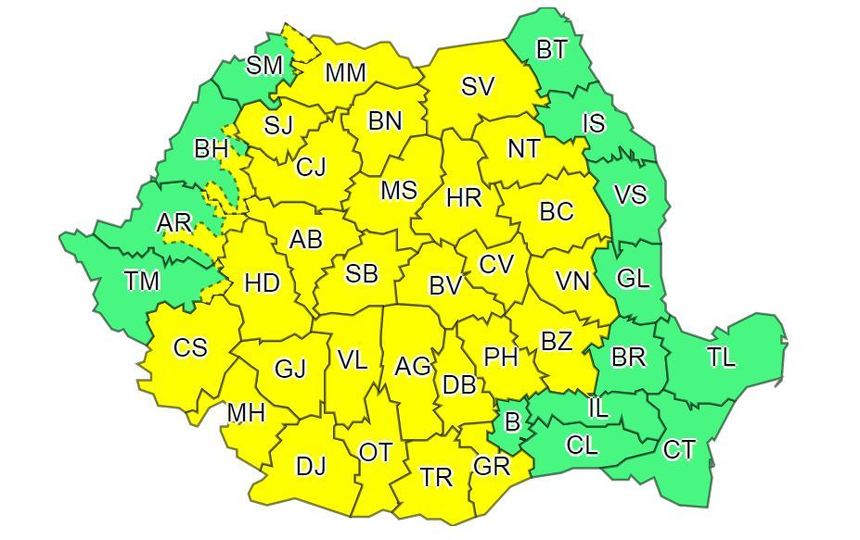 Cod galben de ploi, vijelii şi grindină în 32 de judeţe şi cod galben de inundaţii pentru 30 de judeţe, de sâmbătă de la prânz; de duminică până luni seară va fi cod portocaliu în 13 judeţe