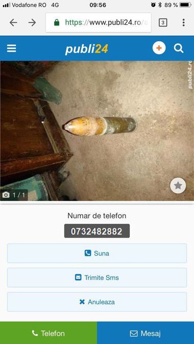 Obuz pus la vânzare pe un site de anunţuri; poliţiştii au găsit bomba la sediul Rosal. VIDEO