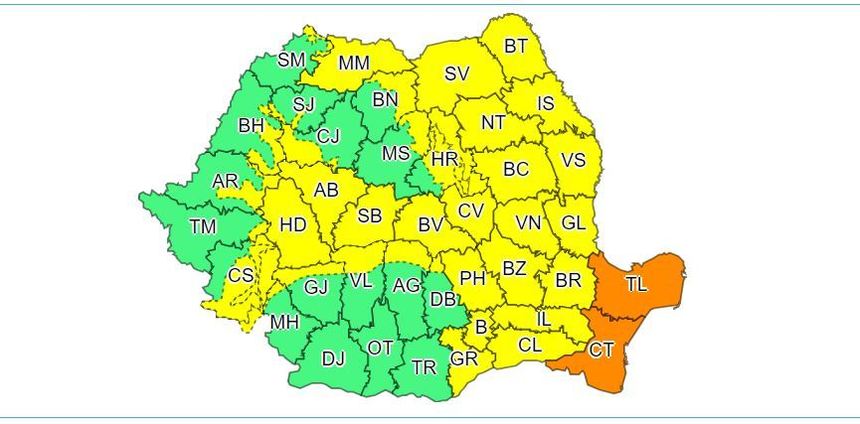 Meteorologii au prelungit avertizarea cod galben de vreme rea, până miercuri seară la ora 21.00; judeţele Constanţa şi Tulcea vor fi sub cod portocaliu