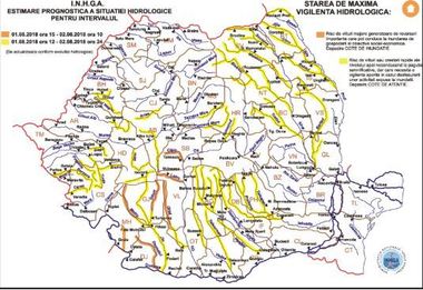 Cod galben de inundaţii în nouă judeţe, în următoarele ore; zonele respective sunt vizate şi de avertizări nowcasting de ploi abundente