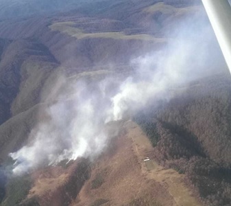 Incendiul din Munţii Semenic se manifestă pe zece hectare de pădure. Elicopterul a început misiunea de recunoaştere. VIDEO