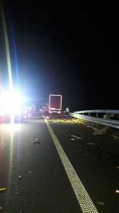 Doi bărbaţi au fost loviţi mortal de un autotren, pe Autostrada A1 Lugoj-Deva, în timp ce reparau o maşină. Traficul rutier este deviat. FOTO