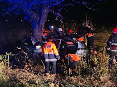 Timiş: Două persoane decedate şi una rănită după ce şoferul unei maşini a pierdut controlul volanului şi s-a izbit cu maşina într-un copac - FOTO
