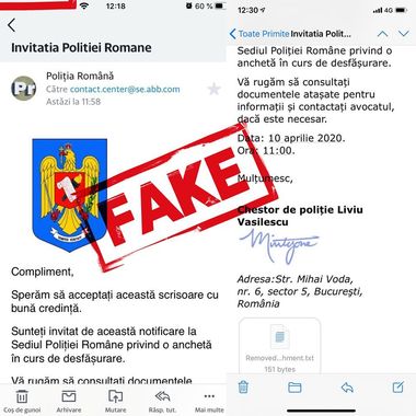 Poliţia Română anunţă trimiterea de e-mailuri în numele instituţiei, persoanele fiind invitate pentru o presupusă anchetă, şi anunţă că acestea sunt false