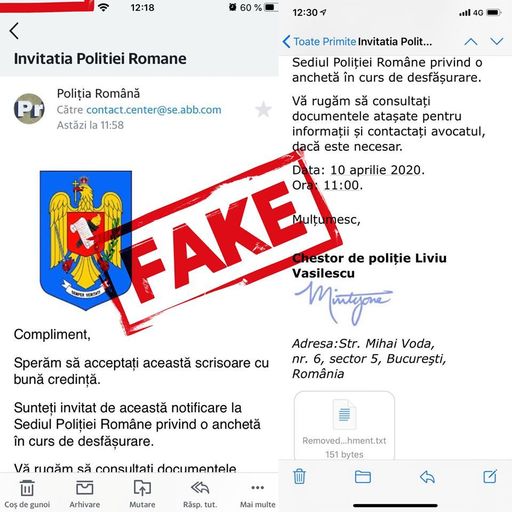 Poliţia Română anunţă trimiterea de e-mailuri în numele instituţiei, persoanele fiind invitate pentru o presupusă anchetă, şi anunţă că acestea sunt false