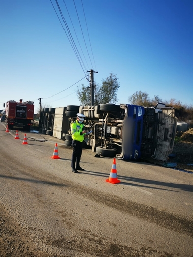 Un TIR care transporta porci s-a răsturnat pe DN 23A, în Vrancea/ Şoferul a fost rănit - FOTO