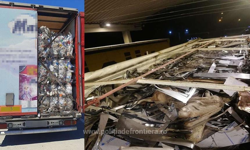 Peste 59 de tone de deşeuri din plastic, metal şi oţel, găsite de poliţiştii de frontieră şi angajaţii Gărzii de Mediu din Giurgiu, în trei TIR-uri