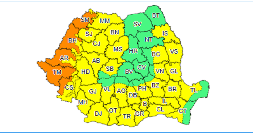 Meteorologii anunţă cod galben de caniculă în cea mai mare parte a ţării miercuri şi joi.  În judeţele Satu Mare, Bihor, Arad, Timiş şi Caraş-Severin, a fost emisă avertizare cod portocaliu de caniculă - HARTA