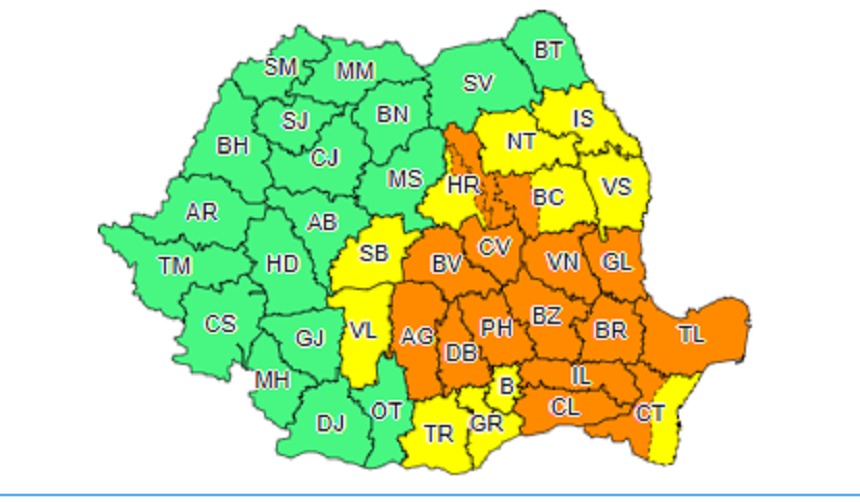 Avertizări cod galben şi portocaliu de vijelii şi grindină până joi dimineaţă în judeţe din centrul, estul şi sud-estul ţării - HARTA