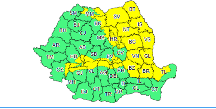Precipitaţii moderate cantitativ şi polei în cea mai mare parte a Moldovei, până marţi dimineaţă / Ninsori în cea mai mare parte a Moldovei, estul Transilvaniei şi zona Carpaţilor Orientali