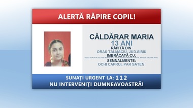 Sibiu: Fata de 13 ani răpită din Tălmaciu a fost găsită / Era în compania unui băiat de 13 ani care a fost dus la Poliţie / Fata nu a fost victima vreunei infracţiuni cu violenţă 