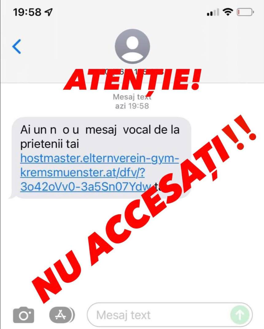 Poliţia avertizează cu privire la un mesaj de tip sms, primit de utilizatorii serviciilor de telefonie din România: Nu accesaţi link-uri primite de la persoane necunoscute! Nu vă lăsaţi înşelaţi!