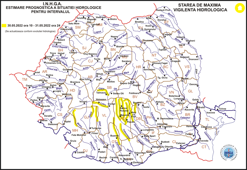 Cod galben de inundaţii în bazinele hidrografice Jiu, Olt, Vedea, Argeş, Ialomiţa / Şedinţă a Comitetului ministerial pentru situaţii de urgenţă 