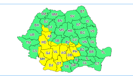 Avertizare cod galben de instabilitate atmosferică în Oltenia, nordul Munteniei şi sud-vestul Transilvaniei