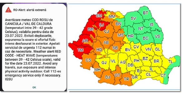 UPDATE - Cinci judeţe, sub cod roşu de caniculă. Temperaturile vor ajunge la 42 de grade / O avertizare cod portocaliu a fost emisă pentru sudul Olteniei şi al Banatului, precum şi pentru sud-vestul Munteniei - HARTA