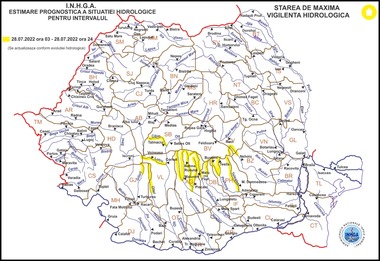 Atenţionare hidrologică - Cod galben pentru cinci bazine hidrografice 